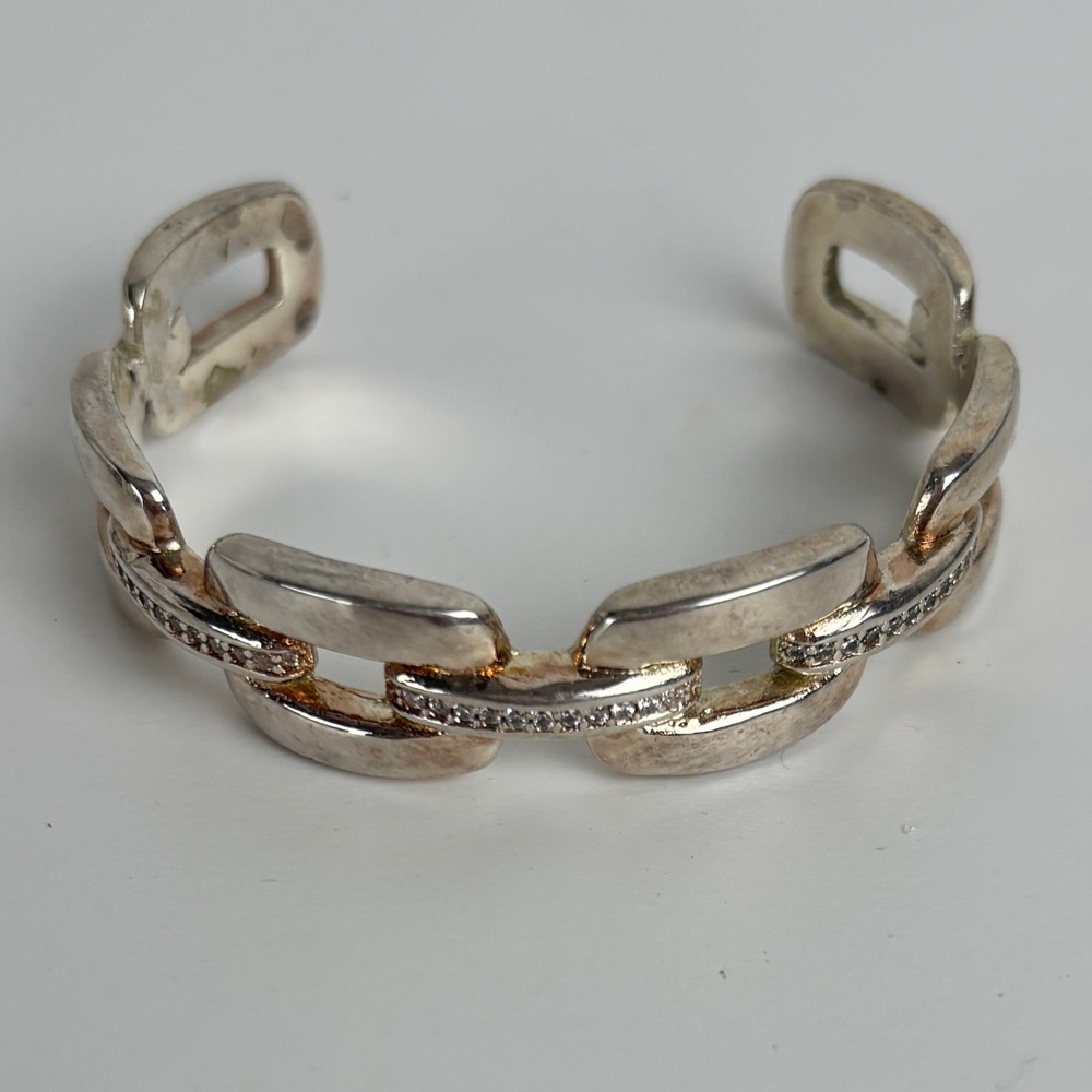 Mixed Metal Chain Link Cuff Bracelet - Silver Gold Crystal Adjustable Bangle